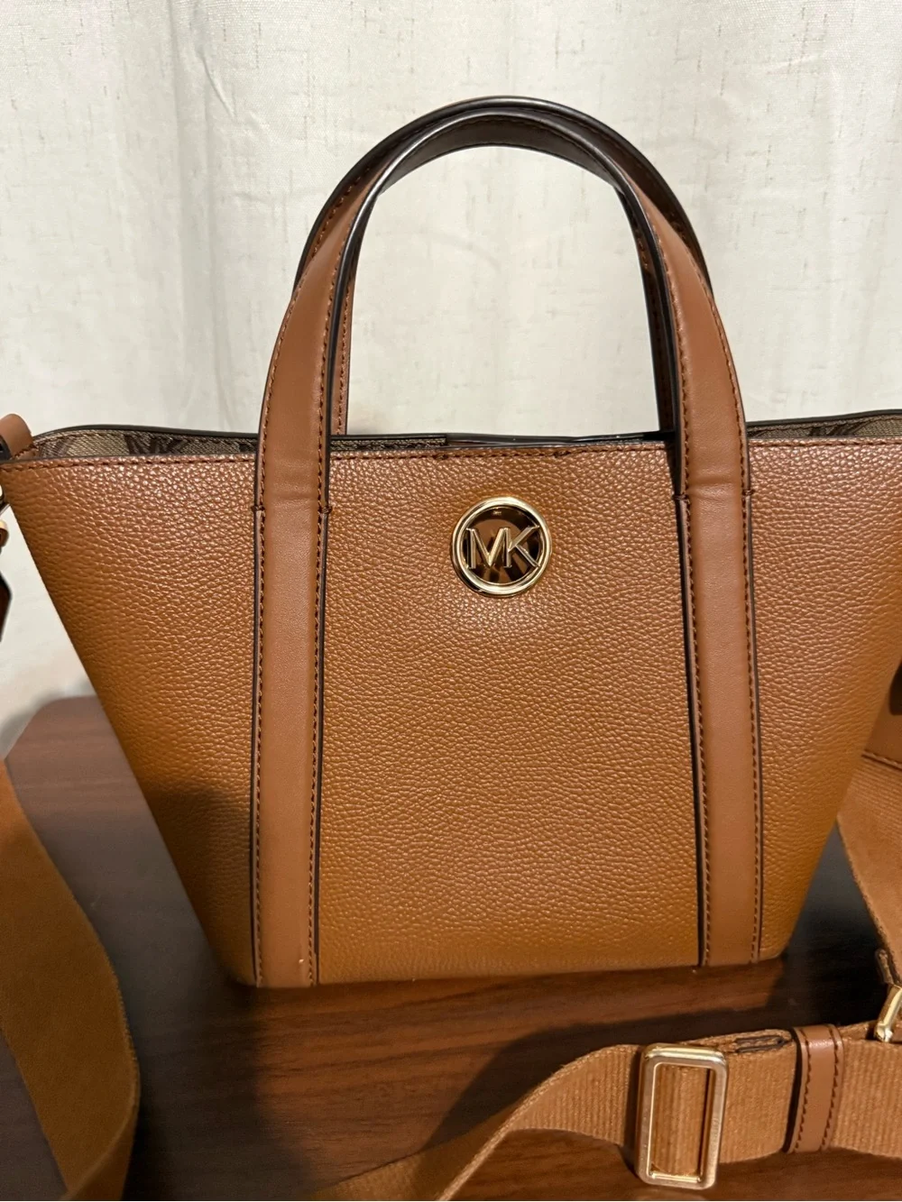Michael Kors Brown Pebbled Leather Tote with Gold MK Accent